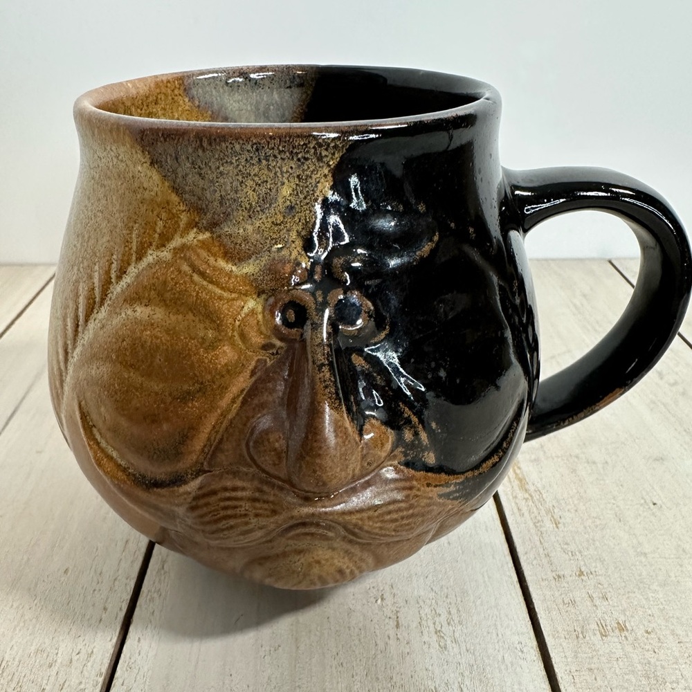 Vintage Pottery Craft USA 3D face mustache man glazed stoneware drink mug